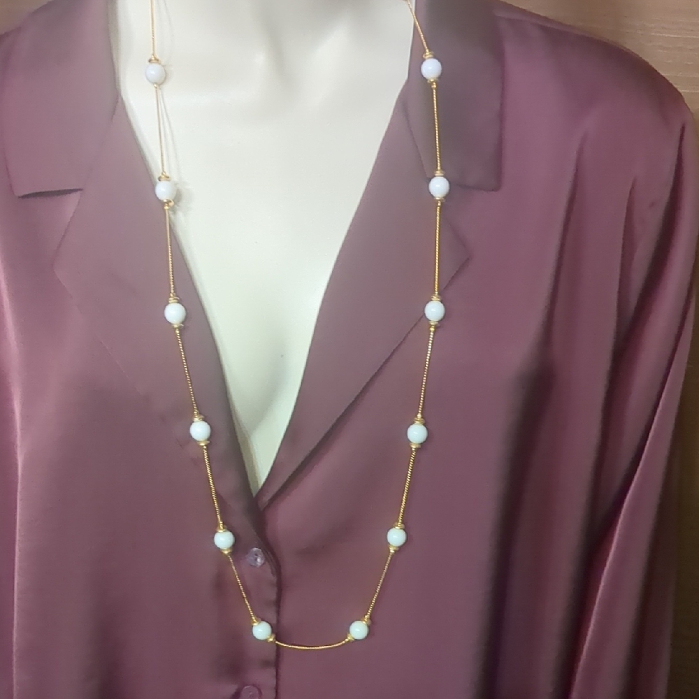 Vintage Anne Klein Gold-Tone Long Necklace with White Beads